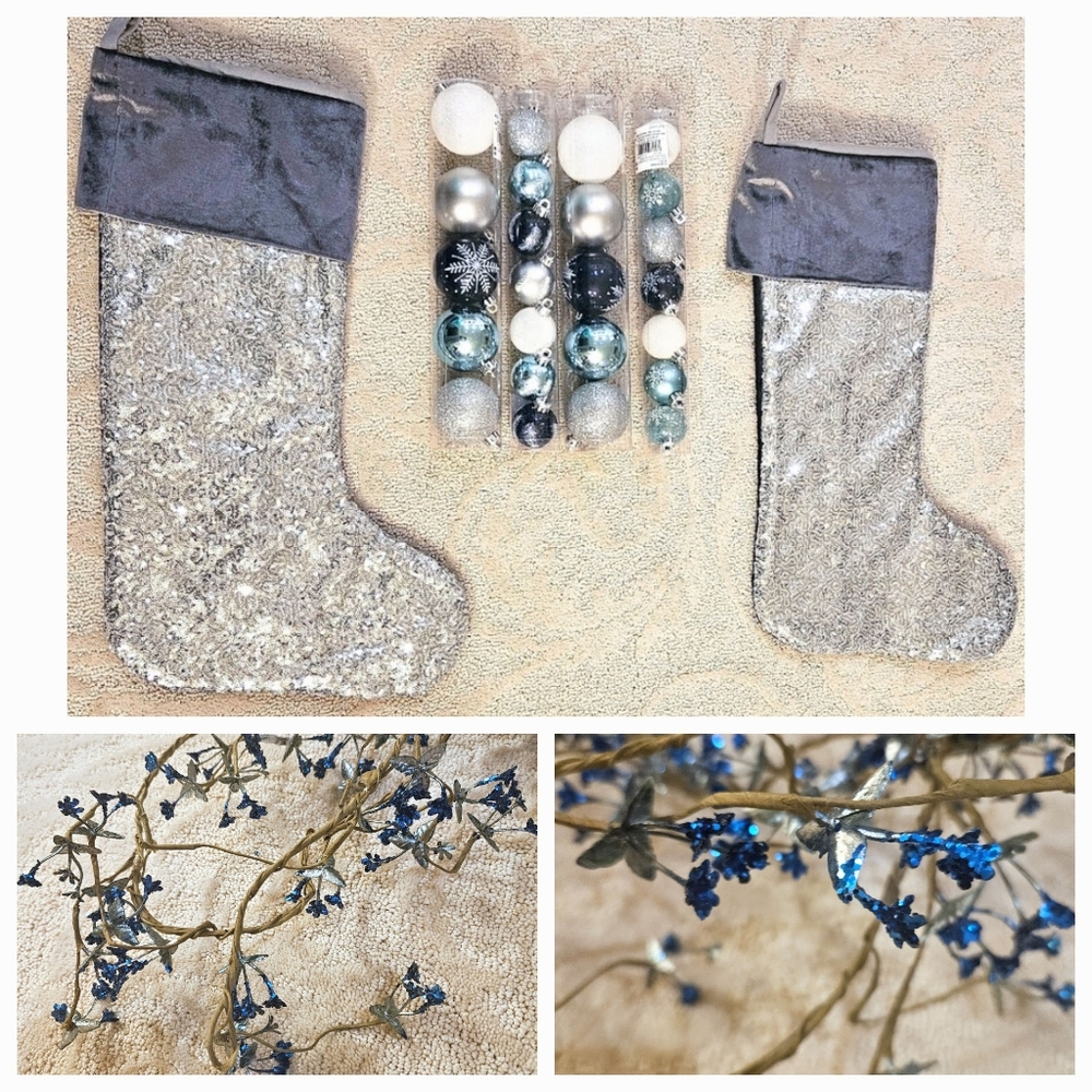 NEW Two Elegant Grey Velvet Silver Sequins Stockings, Ornaments & Garland